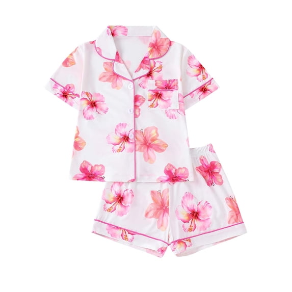 Bixock Toddler Cotton 2 Piece Loungewear Set Kids Clothings Children Sleepwear Set Print Short Sleeve Collar Button Front Silk Daily Indoor Outfits