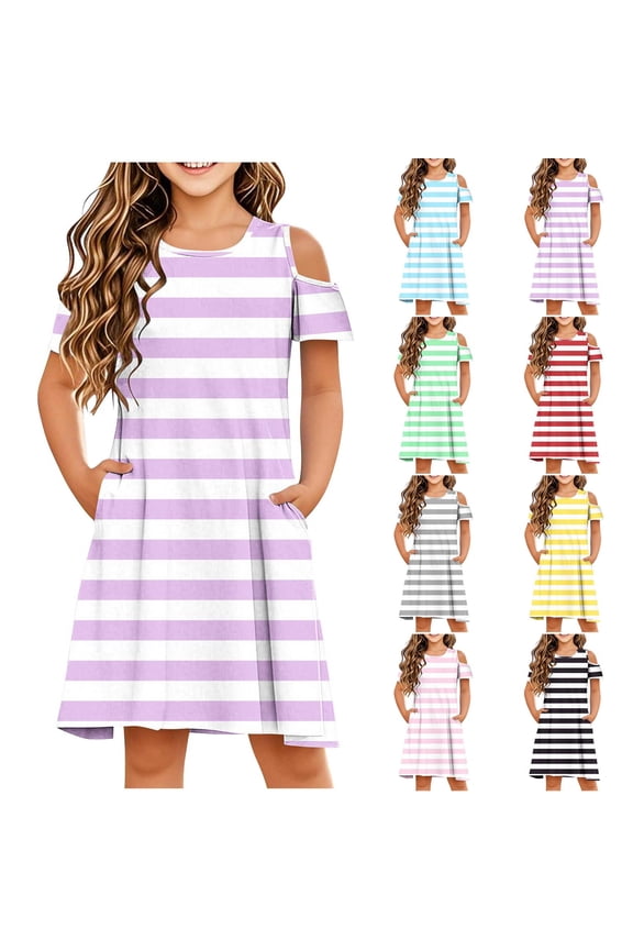Toddler Girl Short Sleeve Dresses Print Off Shoulder Round Neck High Waist Dresses With Pockets for Summer Girls Easter Dresses Clothes