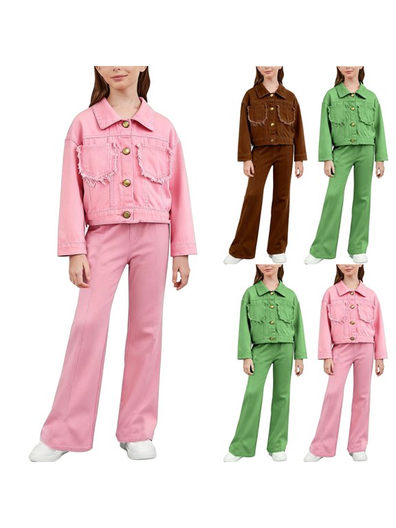 Toddler Girls 2 Piece Fall Set,Girls Clothing Set,Long Sleeve Collared Denim Jacket and Wide Leg Denim Pants Daily Casual Outfits for Girls Kids Clothings 3-13 Years