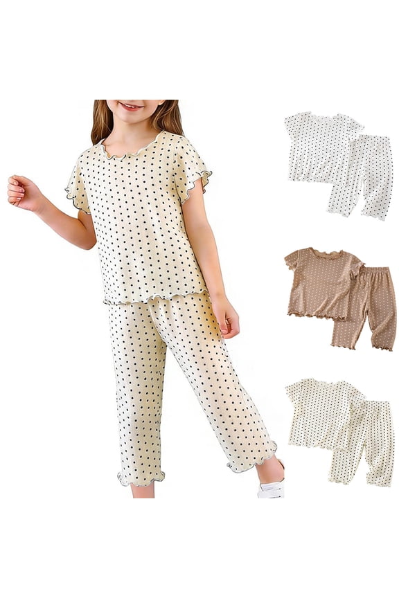 Toddler Girls 2 Piece Loungewear Set,Summer Toddler Clothes Polka Print Short Sleeve Tops and Wide Pants 2 Piece Outfits for Girls Age 1-11Y Soft Set