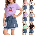 thumbnail image 1 of Bixock Toddler Girls 2 Piece Summer Set,Girls Clothing Set,Graphic Print Crew Neck Short Sleeve Top and Denim Skirt Casual 2 Piece Summer Outfits Kids Clothings 2-8 Years, 1 of 6
