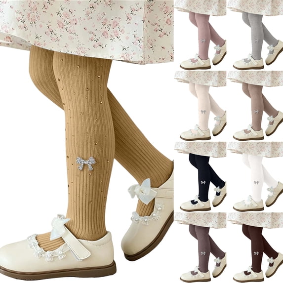 Bixock Toddler Girls Leggings Warm Knit Pantyhose Tights Footless Elastic Waist Bow Rhinestone Detail Solid Color Soft Stretch Dance Training Wear Size 3-4Years