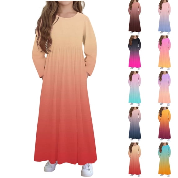 Bixock Toddler Girls Summer Maxi Dresses Solid Color Long Sleeve Round Neck High Waist A Line Casual Long Dresses With Pockets Dresses