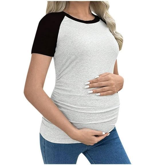 Bixock Tops for Pregnant Women,Basic Tops for Pregnant Women,Maternity Contrast-color round-neck Short-sleeved T-shirt Fashionable and Casual Elastic and Slim-fitting Top Maternity Wear