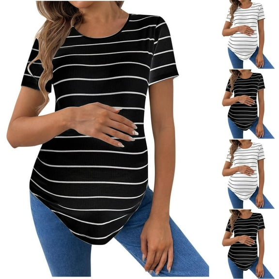 Bixock Tops for Pregnant Women,Basic Tops for Pregnant Women,Maternity Short-sleeved round-neck Striped Casual Slim-fitting Top with rounded Hem and Loose Short Sleeves