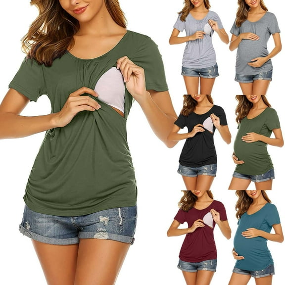 Bixock Tops for Pregnant Women,Basic Tops for Pregnant Women,Pregnant Womens Nursing Solid Color round Neck Short Sleeve round Neck Breastfeeding Blouse