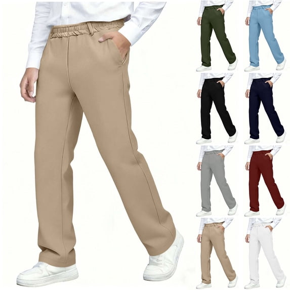 Bixock Uniform Pants for Boys and Girls High Waist Dress Pants Kids Straight Trousers Elastic Waist Solid Color Side Pocket Loose Breathable Campus Daily Outer Wear Size 12-13Years