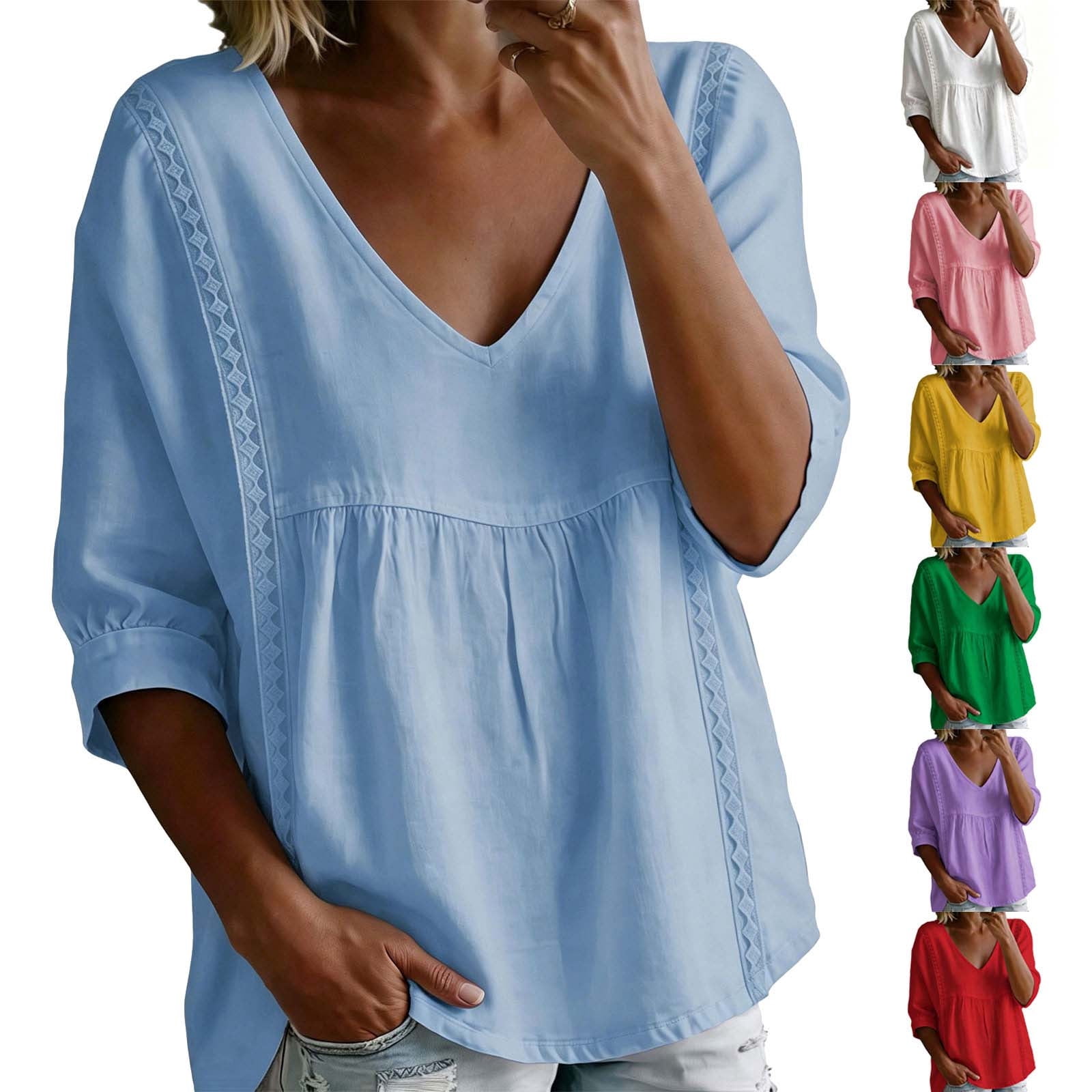 Bixock Women Blouses Casual 3/4 Length Sleeve Tops Lace Panel Blouse ...