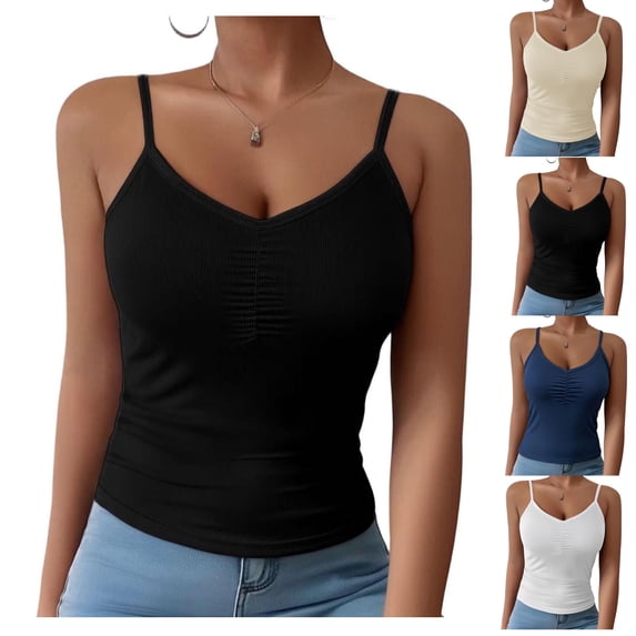 Bixock Women Built-in Bra Tank Tops Wirefree Solid Color V Neck Cami Top Sleeveless T Shirts Bras With Padded Cups Casual Daily Wear Bras