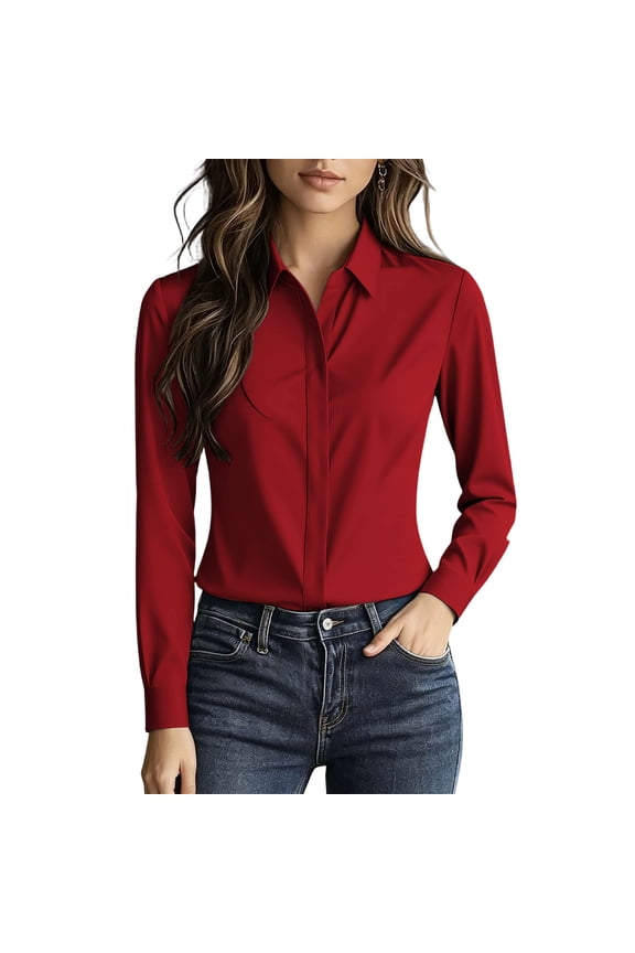 Women Button Down Shirts Long Sleeve Dress Blouse Solid Color Collared Hidden Placket Loose Business Casual Office Top