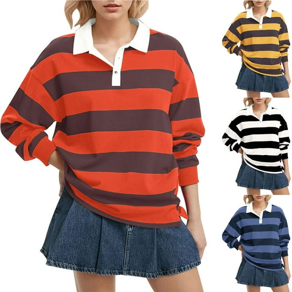 Bixock Women Fall and Winter Blouse,Women Casual Tops,Bixock Tops for Women Fall and Winter Blouse Striped Print Turn Collar V Neck Button Front Slit Hem Top