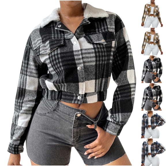Bixock Women Fall and Winter Blouse,Women Casual Tops,Bixock Women Tops Fall and Winter Blouse Tweed Hooded Button Plaid Print Fleece Lined Hoodie Casual Tops for Women