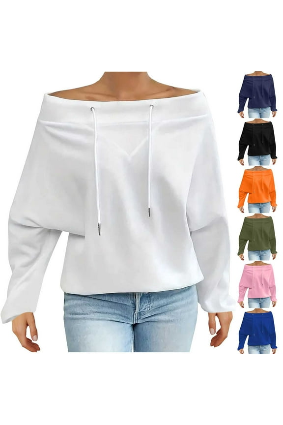 Women Fall and Winter Blouse,Women Casual Tops,Bixock Women Tops Women Casual Tops Solid Color Off Shoulder Hood Drawstring Plus Size Long Sleeve Top