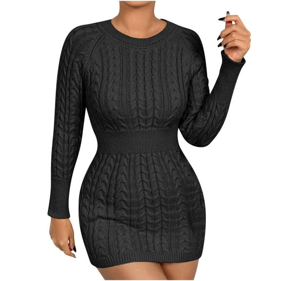 Bixock Women Fall and Winter Clothes,Women Casual Dress,Women's Solid Color Wrap Buttocks Skirt Versatile Dough Twists Knitting Skirt Wool Dress Long Sleeve Eound Neck Dress