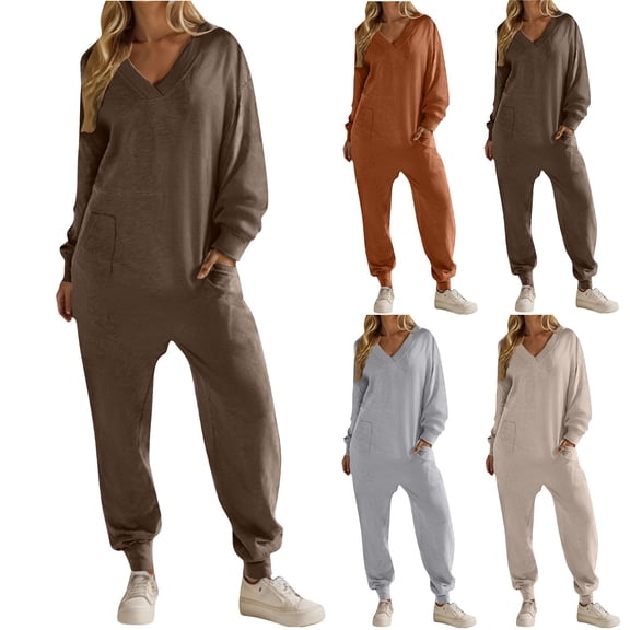 Bixock One Piece Jumpsuits for Women Long Sleeve V Neck with Pockets Loose Casual Loungewear Overall Outfit Nightwear Outfit