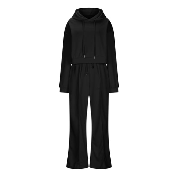 Bixock Women Fall and Winter Outfit Set,Women Two-piece Set,Women Casual Set Fall and Winter Solid Color Hooded Mock Two-Layer Top and Wide Leg Pants Two-Piece Outfit Set