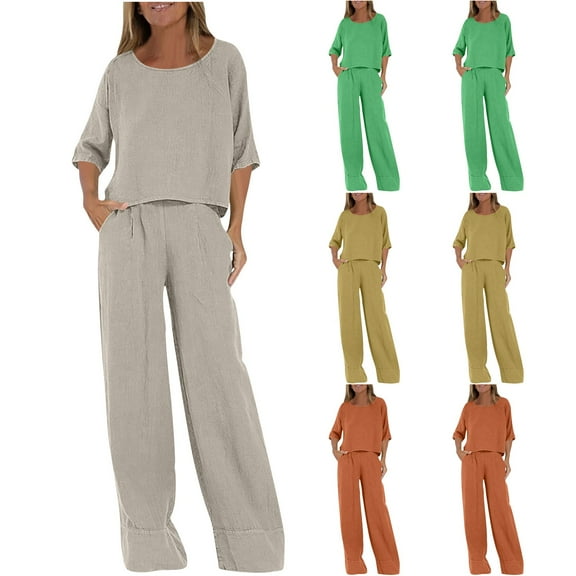 Bixock Women Fall and Winter Outfit Set,Women Two-piece Set,Women Casual Set Solid Color Short Sleeve Round Neck Top and Relaxed Pants Fall and Winter Outfit Set