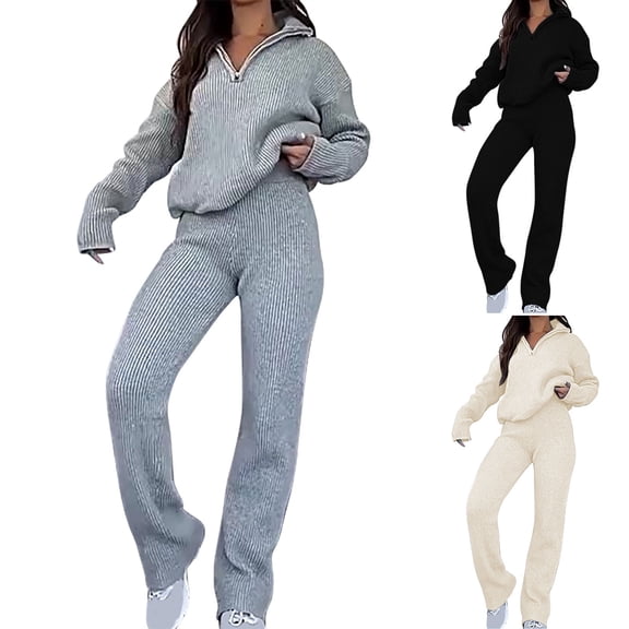 Bixock Women Fall and Winter Outfit Set,Women Two-piece Set,Women Fall and Winter Outfit Set Casual Long Sleeve Round Neck Top and Relaxed Wide Leg Pants Two-Piece Set