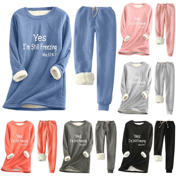 Bixock Women Fall and Winter Outfit Set,Women Two-piece Set,Women Fall and Winter Outfit Set Solid Color Print Round Neck Fleece Lined Long Sleeve Top and Drawstring Pants Set