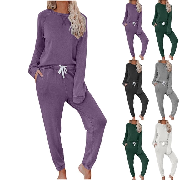 Bixock Women Fall and Winter Outfit Set,Women Two-piece Set,Women Fall and Winter Outfit Set Solid Color Round Neck Long Sleeve Top and Drawstring Pants Set