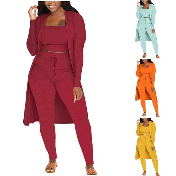 Bixock Women Fall and Winter Outfit Set,Women Two-piece Set,Women's Three-Piece Set Fall and Winter Solid Color Round Neck Jacket and Elastic Waist Pants Casual Outfit Set