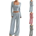 thumbnail image 1 of Bixock Women Fall and Winter Pajamas Set,Women Pajams Two-piece Set,Casual Pajamas Set for Women Solid Color Fashion Stripe Casual Round Neck Cardigan Long Sleeve Long Pants Pajamas Set, 1 of 5