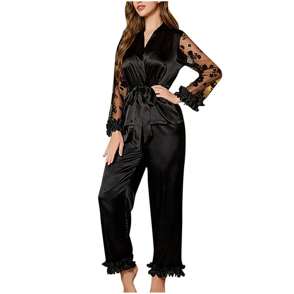 Bixock Women Fall and Winter Pajamas Set,Women Pajams Two-piece Set,Women Pajamas Set Solid Color Floral Embroidery Lace Semi Transparent Mesh Sleeve Simulated Silk Long Pants Pajamas Set
