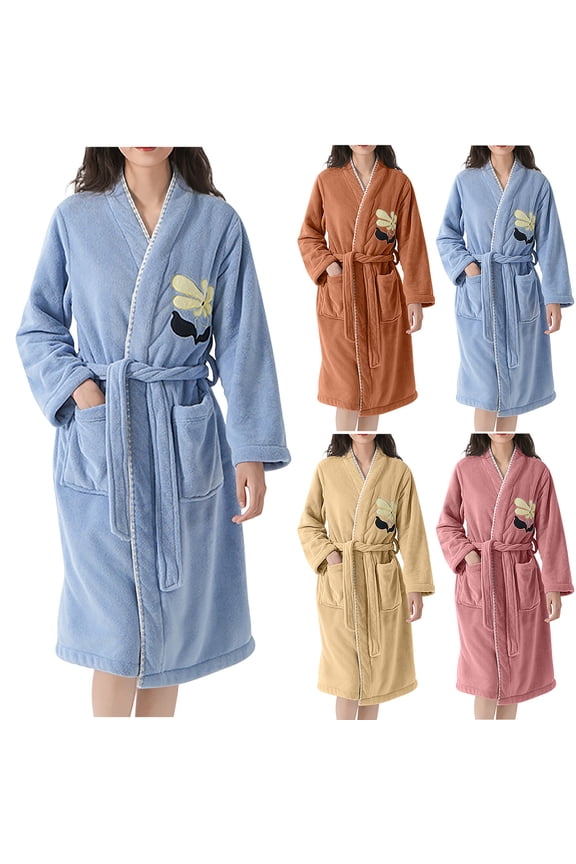 Women Fall and Winter Pajamas,Women Warm Sleepwear Robes,Women’s Bathrobes Solid Color Fleece Thickened Long Sleeve Robe with Tie Belt and Lapel Collar Dry Bathrobes