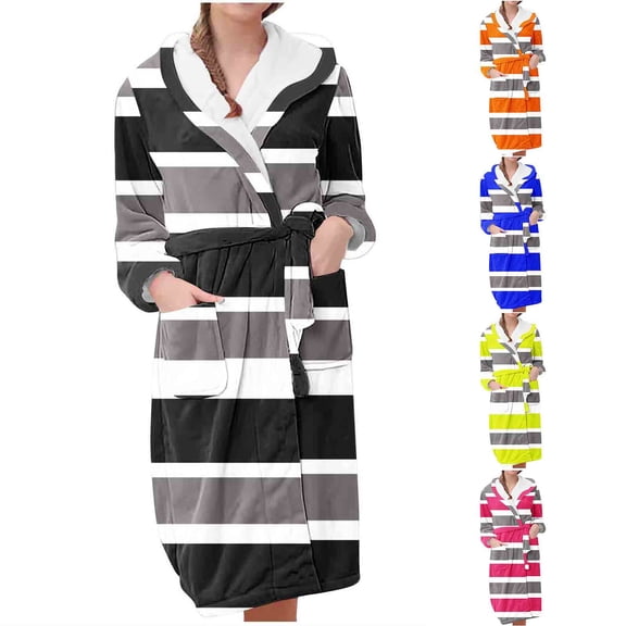Bixock Women Fall and Winter Pajamas,Women Warm Sleepwear Robes,Women’s Bathrobes Stripe Print Flannel Long Sleeve Robe Long Length Home Wear Sleepwear Robes Bathrobes