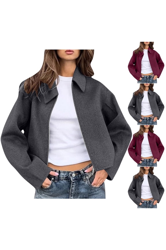 Women Fall Wool Jackets,Long Sleeved Stand Collar Bomber Jacket for Women,Women’s Casual Outerwear Jackets Wool Long Sleeve Lapel Collar Zip Up Jacket with Pockets Modern Outerwear Jackets