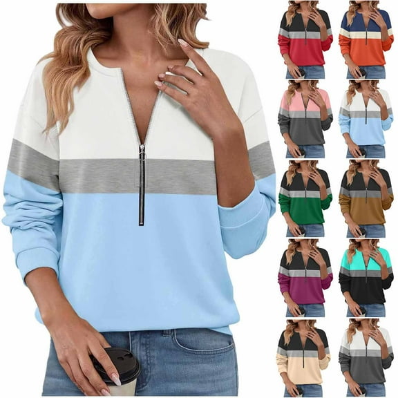 Bixock Women Fall and Winter Blouse,Women Casual Tops,Bixock Tops for Women Casual Zip Up Non Positioned Color Block Print Long Sleeve T-shirt Top