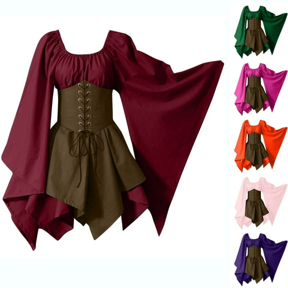 Bixock Women Fall and Winter Clothes,Women Casual Dress,Women Costumes Gothic Sleeve Corset Dresses Sleeve Round-Neck Knee-High Dress