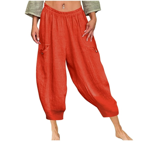 Bixock Women Summer Clothes,Women Casual Pants,Women's Solid Color Pocket Elastic Waist Loose Casual Lantern Pants Wide Leg Pants
