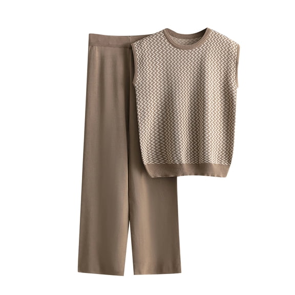 Bixock Women Fall and Winter Outfit Set,Women Two-piece Set,Casual Set for Women Striped Round Neck Pullover High Waist Straight Leg Knit Pants Set