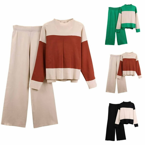 Bixock Women Fall and Winter Outfit Set,Women Two-piece Set,Set for Women Knit Round Neck Long Sleeve Top and Pants Fashion Casual Outfit Set