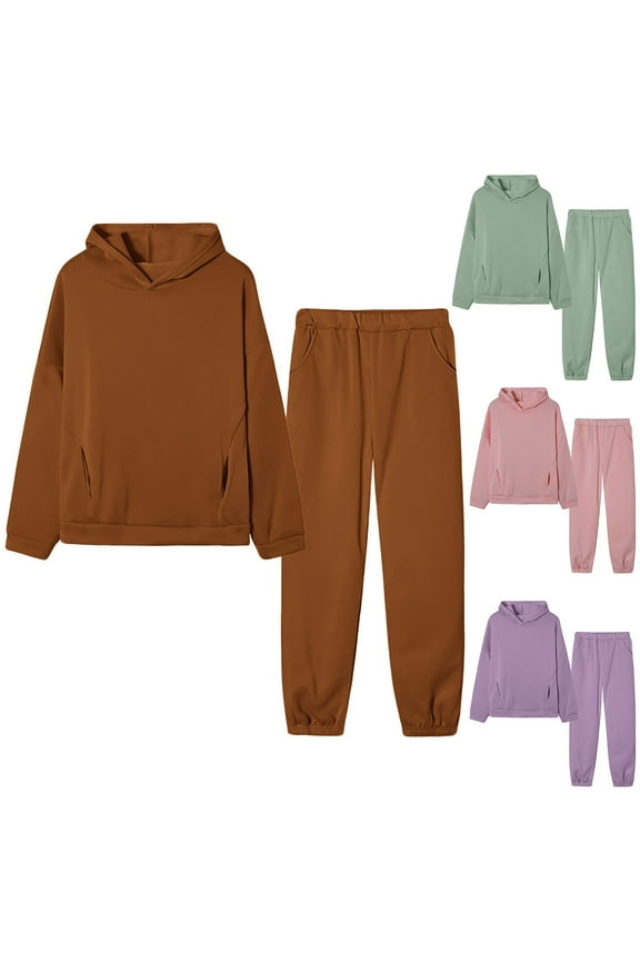 Women Fall and Winter Outfit Set,Women Two-piece Set,Women Casual Set Solid Color Hooded Long Sleeve Top and Jogger Pants Athletic Wear Set