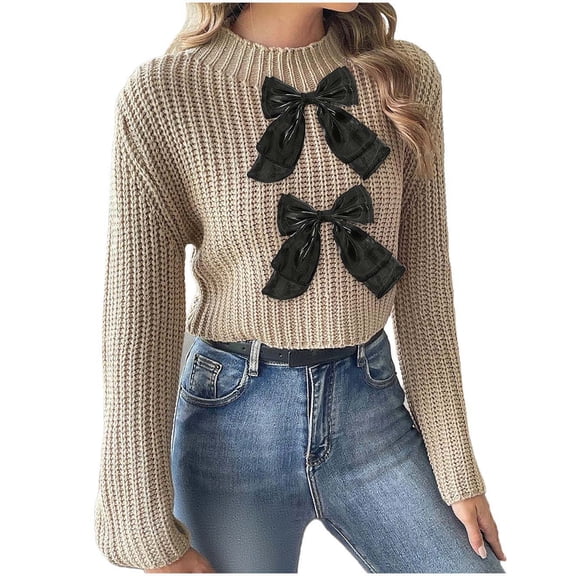 Bixock Women Fall and Winter Top,Women Sweater,Women's Comfortable Stand Neck Long Sleeved Bow Patchwork Sleeve Casual Sweater