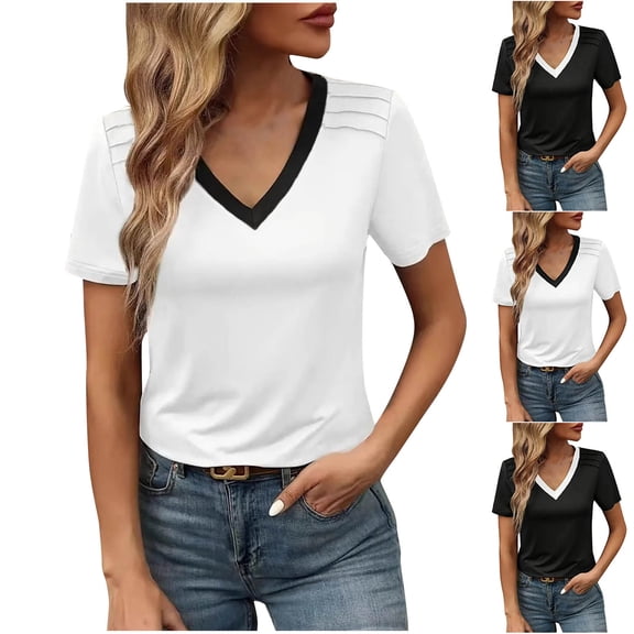 Bixock Women Lightweight Casual Tops,Blouse for Women,Color V Neck Short Sleeve Comfortable Top