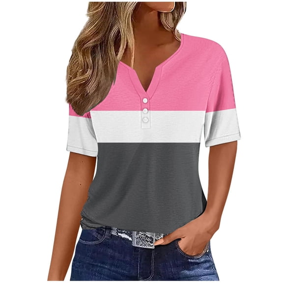 Bixock Women Lightweight Casual Tops,Blouse for Women,Embroidered Linen V Neck Button Front Short Sleeve Top