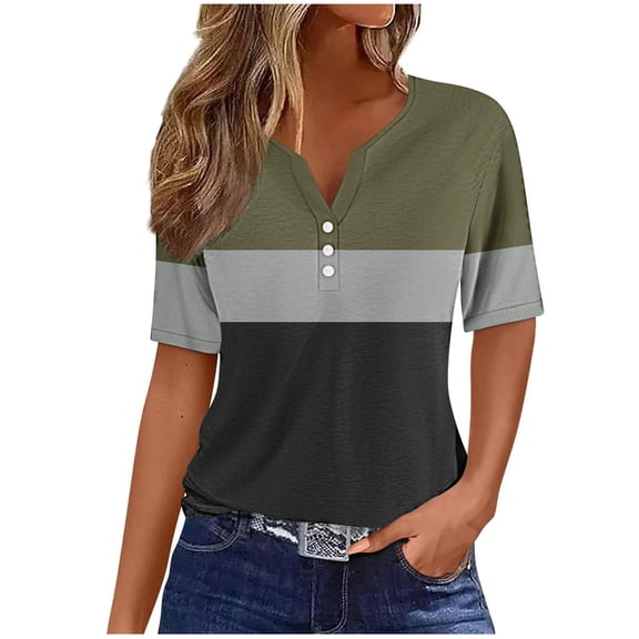 Bixock Women Lightweight Casual Tops,Blouse for Women,Embroidered Linen V Neck Button Front Short Sleeve Top