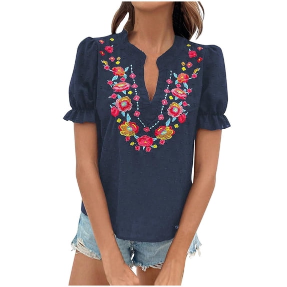 Bixock Women Lightweight Casual Tops,Blouse for Women,Embroidered Linen V Neck Slit Hem Button Front Top