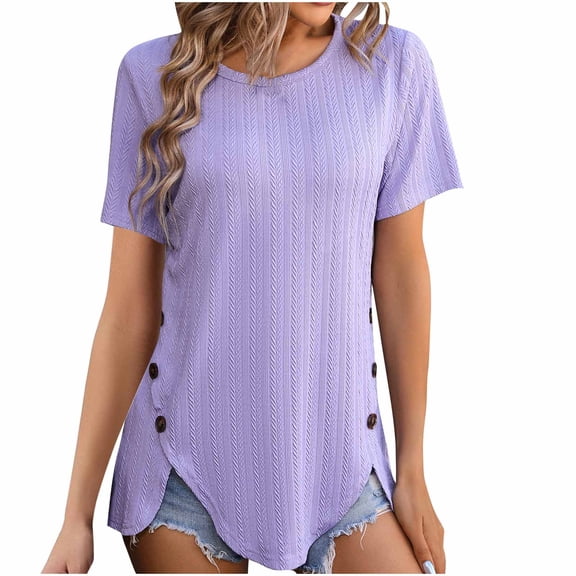 Bixock Women Lightweight Casual Tops,Blouse for Women,Pleated Detail Eyelet Embroidery Round Neck Short Sleeve Top