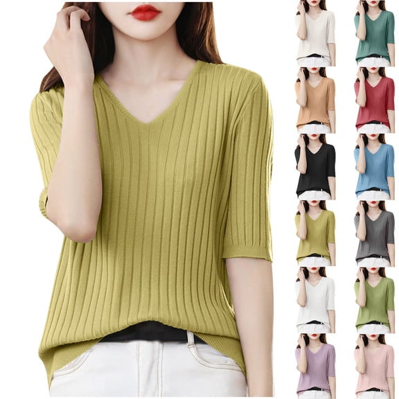 Bixock Women Lightweight Casual Tops,Blouse for Women,Solid Color V Neck Pullover Short Sleeve Shirt Style Top