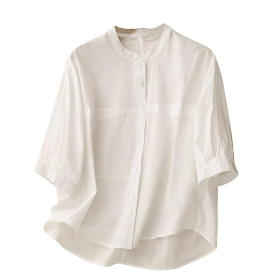 Bixock Women Lightweight Casual Tops,Fashion Blouse for Women,Embroidered Linen Stand Neck Button Detail3/4 Sleeve Top
