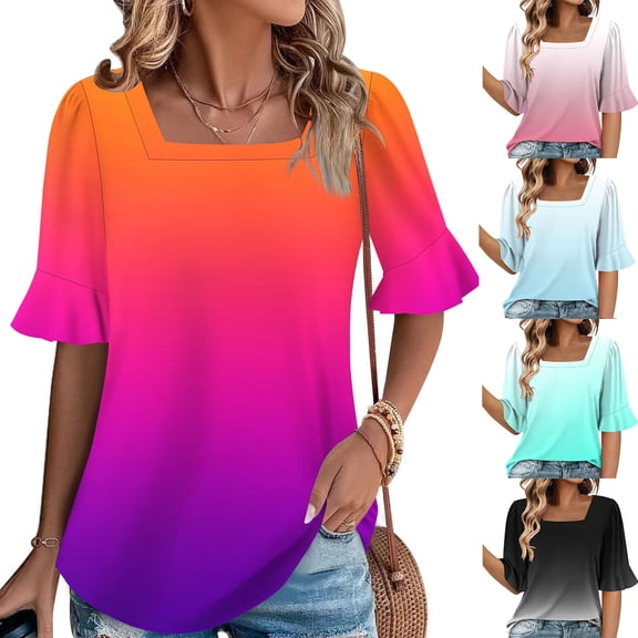 Bixock Plus Size Casual Tops for Women,Short Sleeve Shirt for Women,Shirt for Women 3/4 Sleeve Square Neck Stripe Lace Casual Everyday Blouse Tops