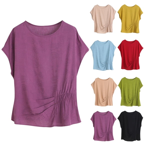 Bixock Women Lightweight Casual Tops,Summer Blouse for Women,Solid Color Round Neck Cropped Short Sleeve Pullover Top