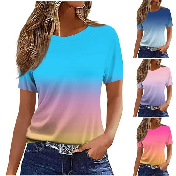 Bixock Women Lightweight Tops,Blouse for Women,Gradient Print Round Neck Short Sleeve Loose Casual Fashion Daily Wear Top