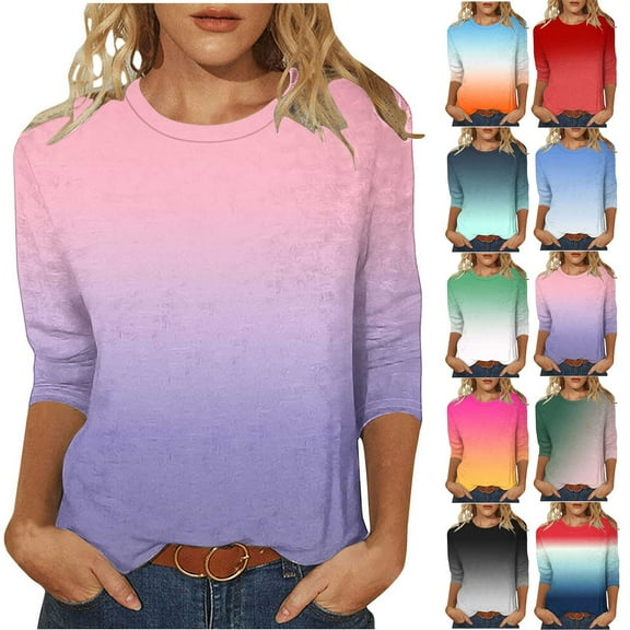 Bixock Plus Size Casual Tops for Women,Short Sleeve Shirt for Women,Shirt for Women 3/4 Sleeve Round Neck Gradient Color Pullover T Shirt Casual Tops