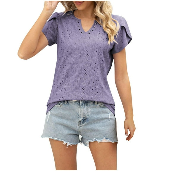Bixock Women Lightweight Tops,Casual Blouse for Women,White Striped V Neck Lace Panel Short Sleeve Fashion Top