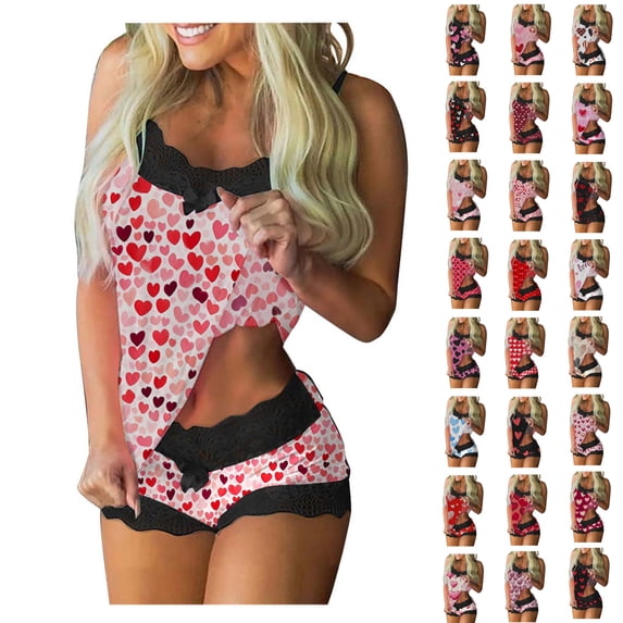 Bixock Women Loungewear Set Valentines Pajamas for Women Heart Print Lace Camisole Tank Top Sleeveless Patchwork Short Pants Casual Sleepwear